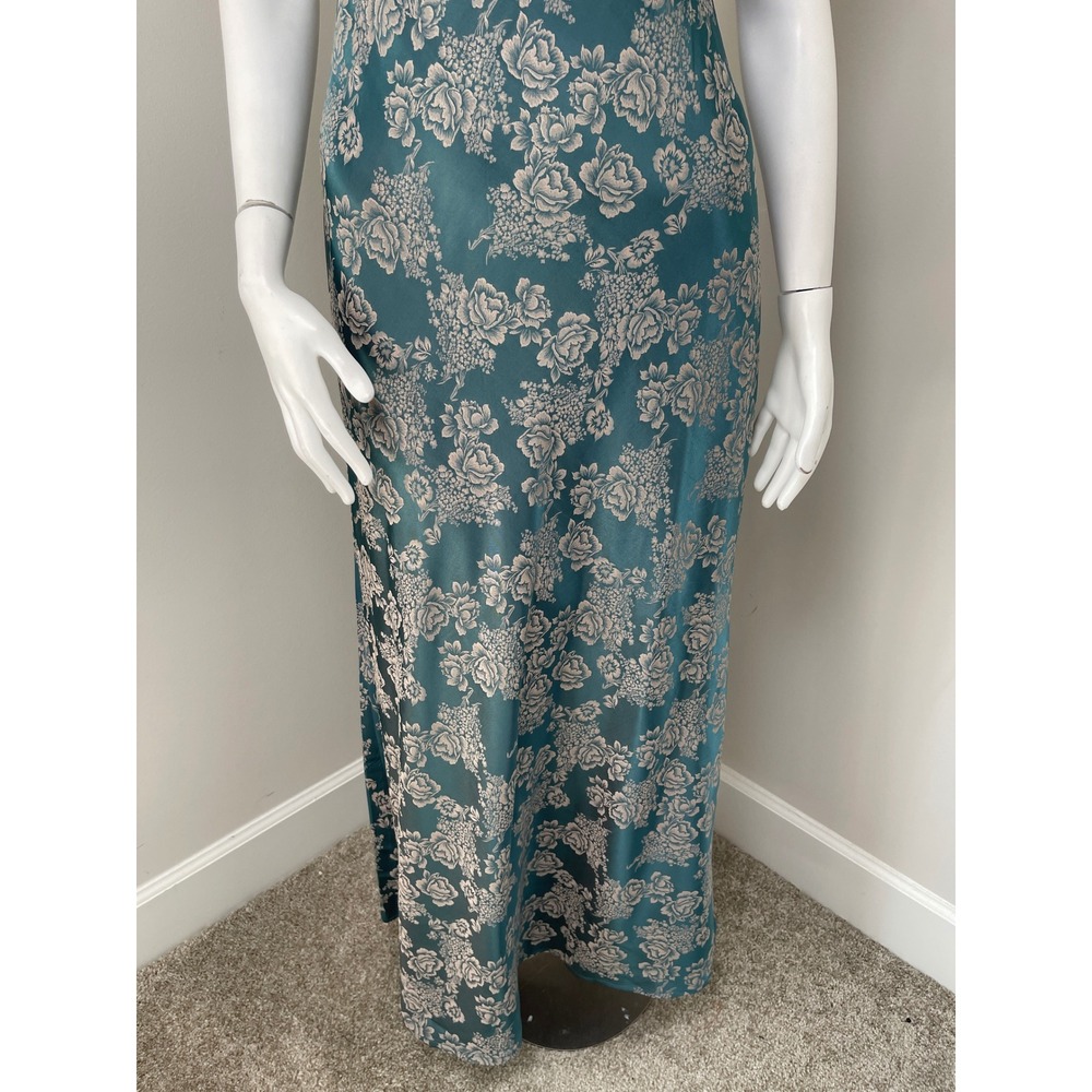 Teal Floral Satin Maxi Slip Dress Lace Trim M Y2K Whimsigoth Fairycore Ethereal - Picture 3 of 10